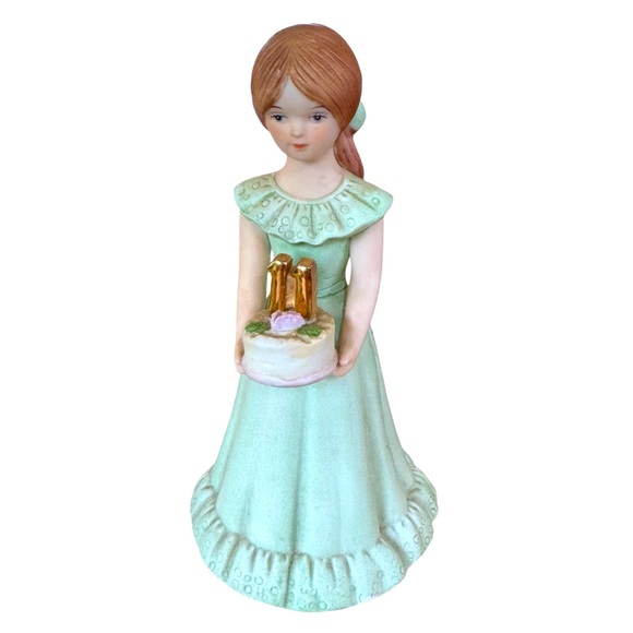 1982 Enesco Growing Up Birthday Girls Figurine Age 11 Light Hair Green Dress 5” - Picture 1 of 4